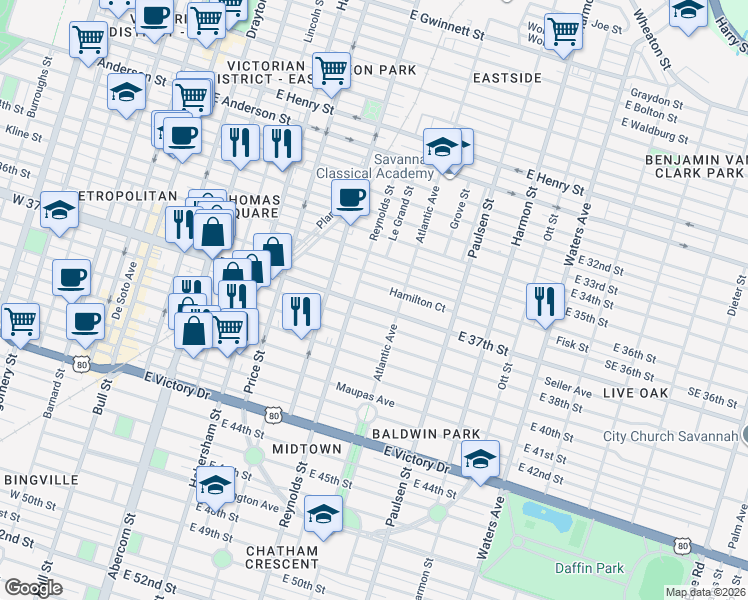 map of restaurants, bars, coffee shops, grocery stores, and more near 625 East 37th Street in Savannah