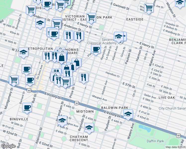 map of restaurants, bars, coffee shops, grocery stores, and more near 537 East 37th Street in Savannah