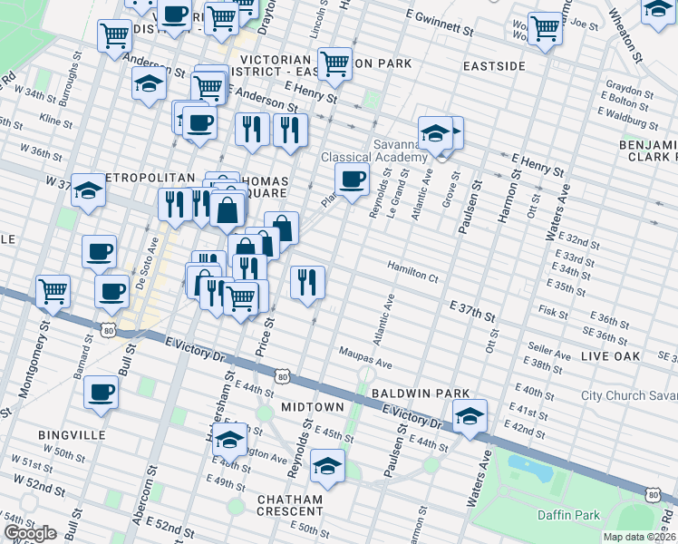 map of restaurants, bars, coffee shops, grocery stores, and more near 537 East 37th Street in Savannah