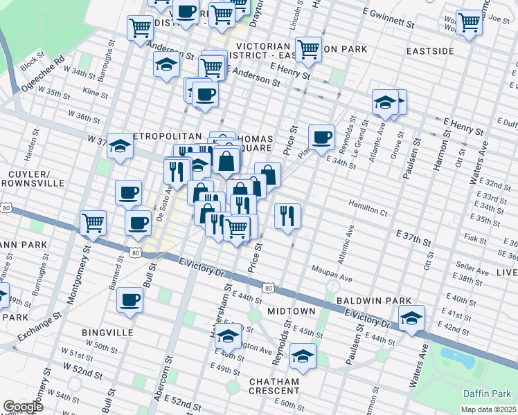 map of restaurants, bars, coffee shops, grocery stores, and more near 402 East 38th Street in Savannah