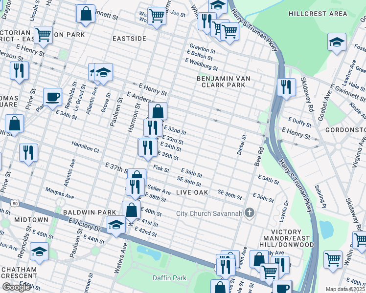 map of restaurants, bars, coffee shops, grocery stores, and more near 1135 East 33rd Street in Savannah