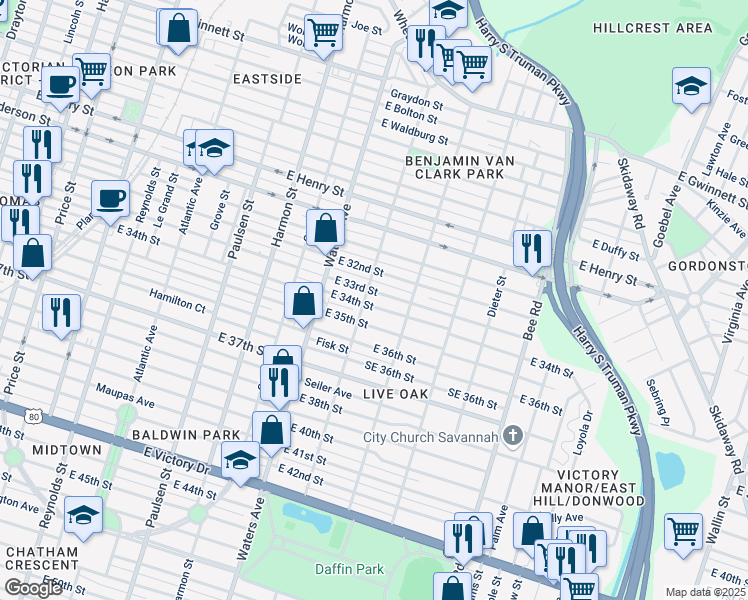 map of restaurants, bars, coffee shops, grocery stores, and more near 1135 East 33rd Street in Savannah