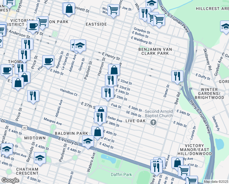 map of restaurants, bars, coffee shops, grocery stores, and more near 1810 Waters Avenue in Savannah