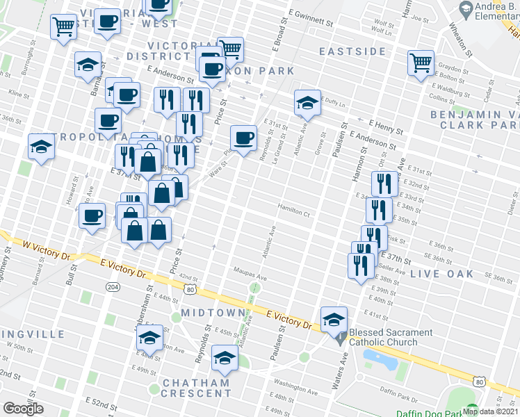 map of restaurants, bars, coffee shops, grocery stores, and more near 625 East 37th Street in Savannah