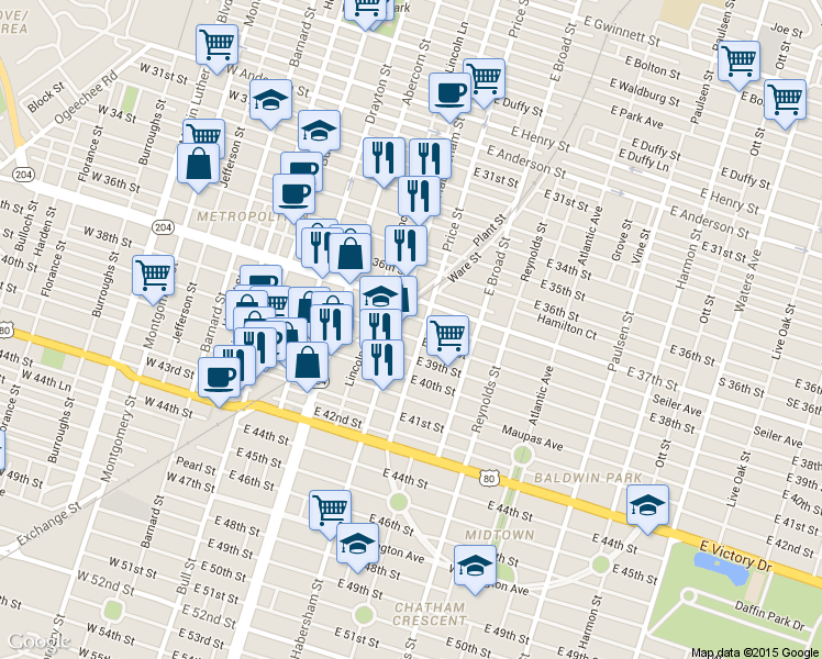 map of restaurants, bars, coffee shops, grocery stores, and more near 402 East 38th Street in Savannah