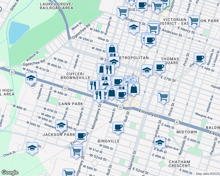 map of restaurants, bars, coffee shops, grocery stores, and more near 316 West 41st Street in Savannah