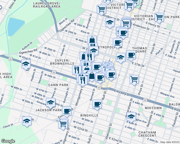 map of restaurants, bars, coffee shops, grocery stores, and more near 316 West 41st Street in Savannah