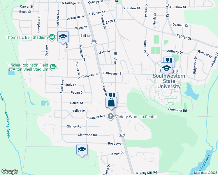 map of restaurants, bars, coffee shops, grocery stores, and more near 1399 Watts Street in Americus