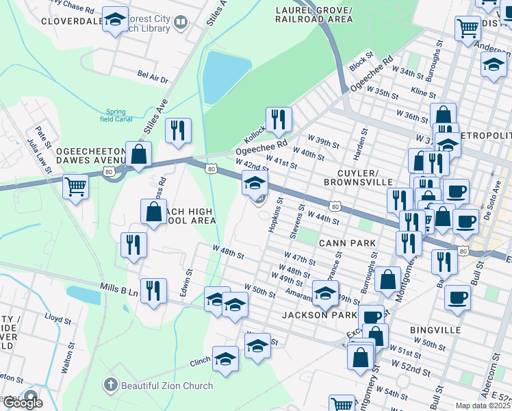 map of restaurants, bars, coffee shops, grocery stores, and more near 3001 Hopkins Street in Savannah