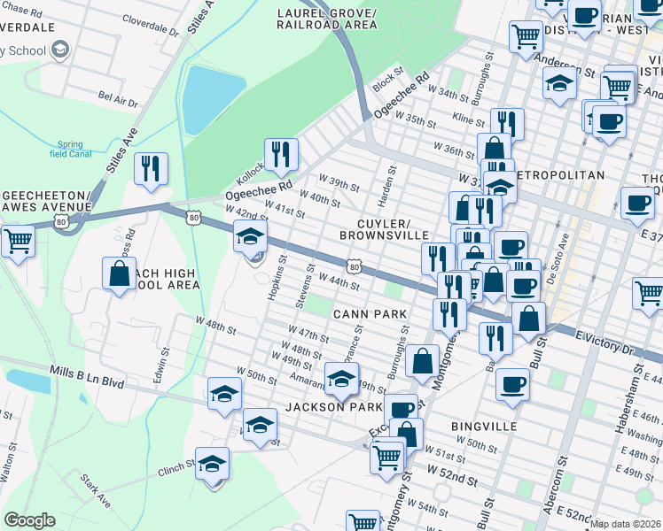 map of restaurants, bars, coffee shops, grocery stores, and more near 913 1/2 West Victory Drive in Savannah