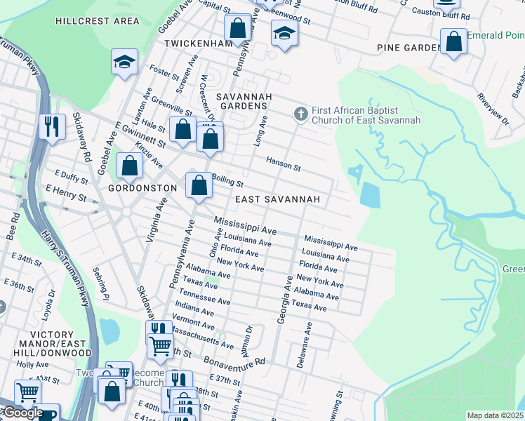 map of restaurants, bars, coffee shops, grocery stores, and more near 2141 Alaska Street in Savannah