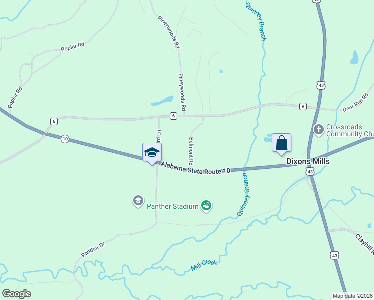 map of restaurants, bars, coffee shops, grocery stores, and more near 112-114 Belmont Road in Dixons Mills