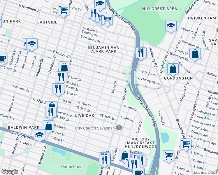 map of restaurants, bars, coffee shops, grocery stores, and more near 1403 East 32nd Street in Savannah