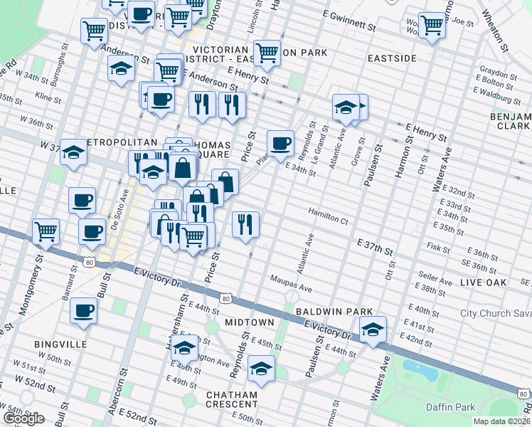 map of restaurants, bars, coffee shops, grocery stores, and more near 537 East 37th Street in Savannah