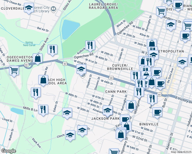 map of restaurants, bars, coffee shops, grocery stores, and more near 1010 West 44th Street in Savannah