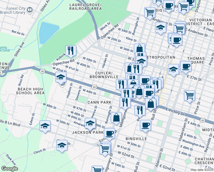 map of restaurants, bars, coffee shops, grocery stores, and more near 639 West 42nd Street in Savannah