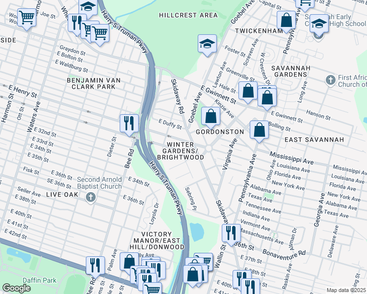 map of restaurants, bars, coffee shops, grocery stores, and more near 1750 East 31st Street in Savannah
