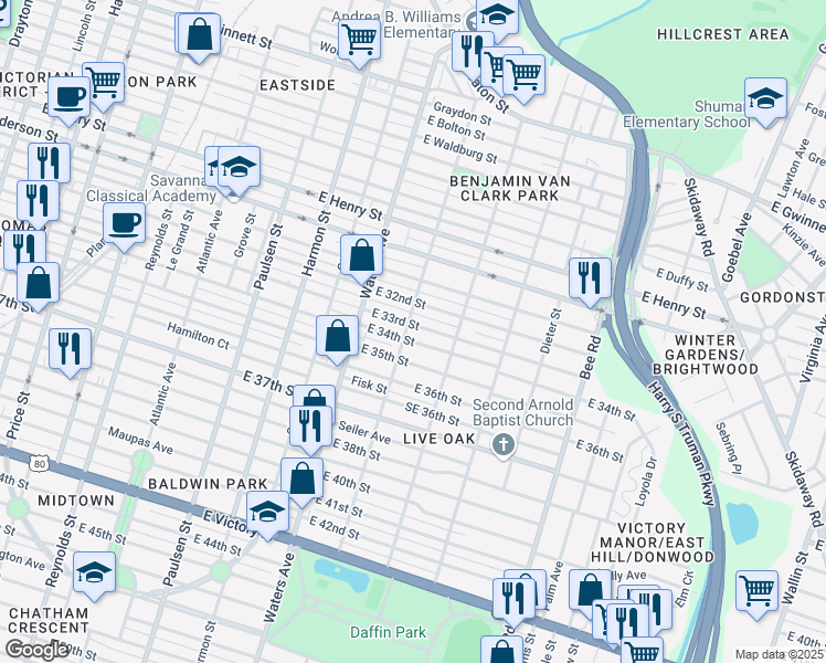 map of restaurants, bars, coffee shops, grocery stores, and more near 1135 East 33rd Street in Savannah