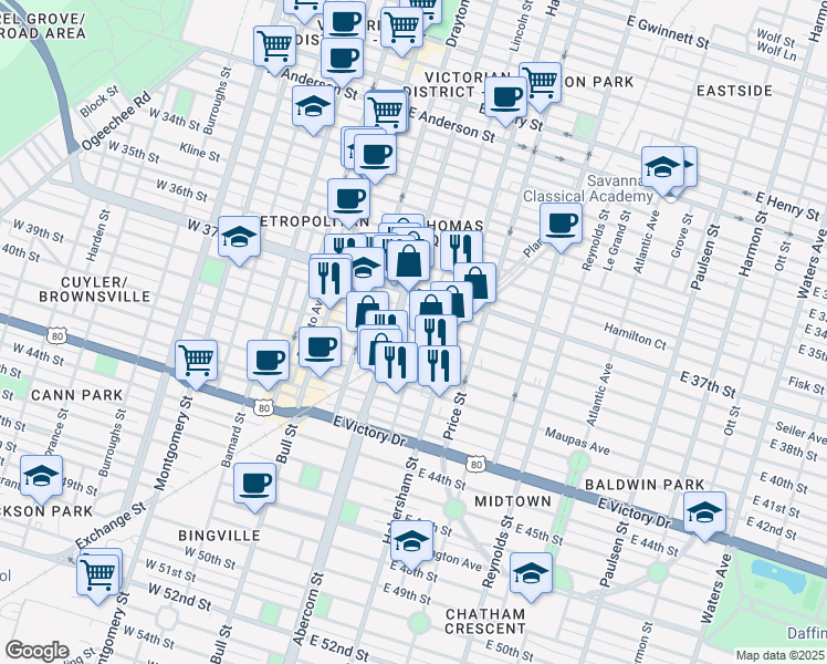 map of restaurants, bars, coffee shops, grocery stores, and more near 213 East 38th Street in Savannah