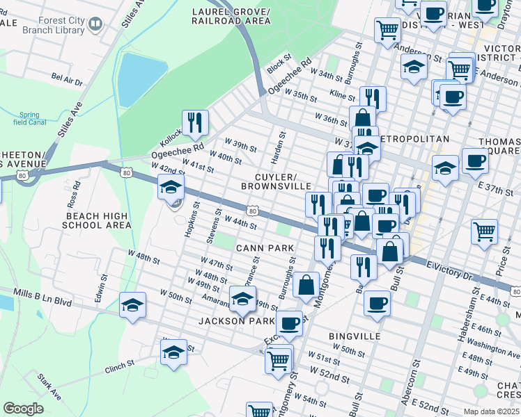 map of restaurants, bars, coffee shops, grocery stores, and more near 712 West Victory Drive in Savannah
