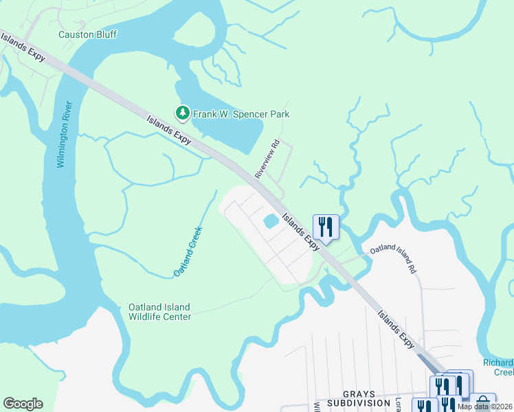 map of restaurants, bars, coffee shops, grocery stores, and more near 307 Burlington Road in Savannah