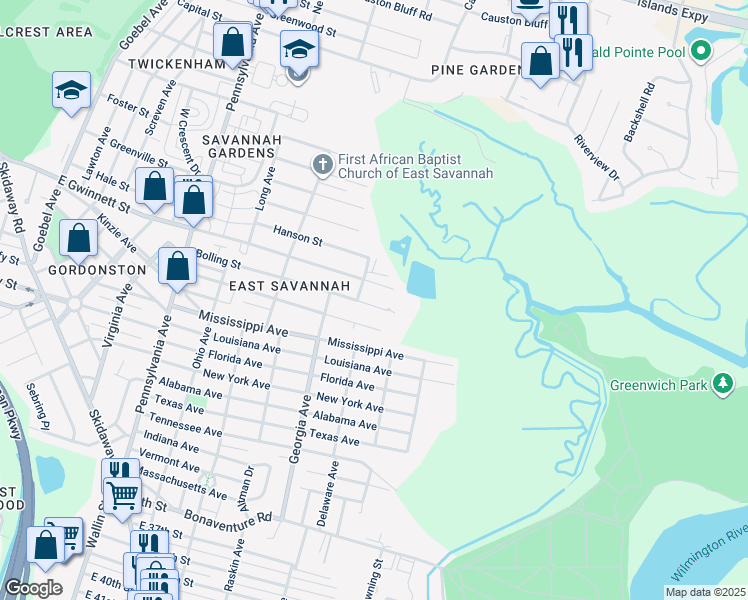 map of restaurants, bars, coffee shops, grocery stores, and more near 2408 Bolling Street in Savannah
