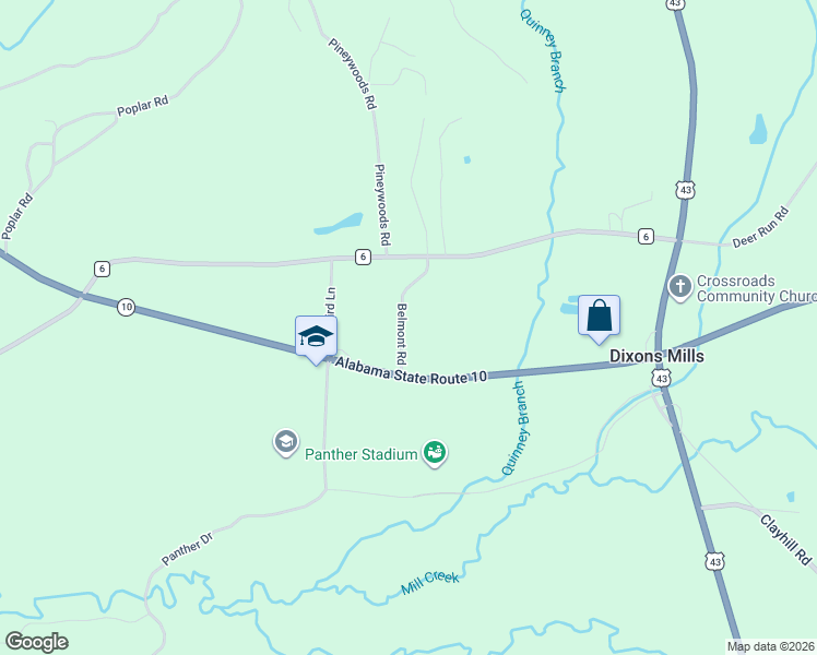 map of restaurants, bars, coffee shops, grocery stores, and more near 112 Belmont Road in Dixons Mills