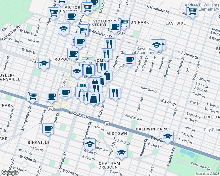 map of restaurants, bars, coffee shops, grocery stores, and more near 505 Seiler Ave in Savannah