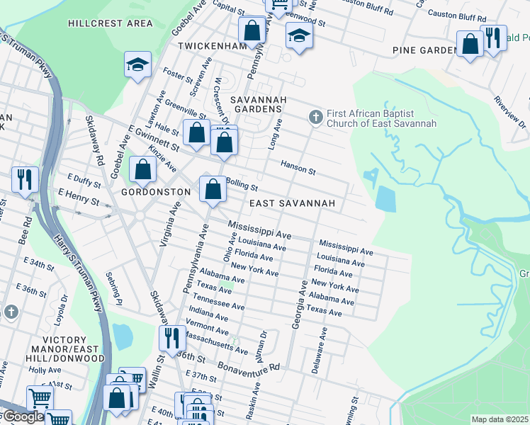 map of restaurants, bars, coffee shops, grocery stores, and more near 2141 Alaska Street in Savannah