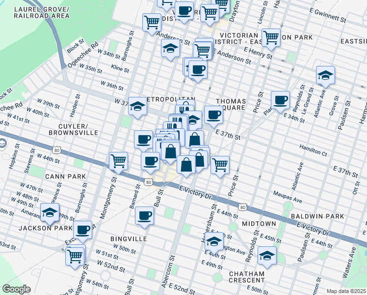 map of restaurants, bars, coffee shops, grocery stores, and more near 12 East 40th Street in Savannah