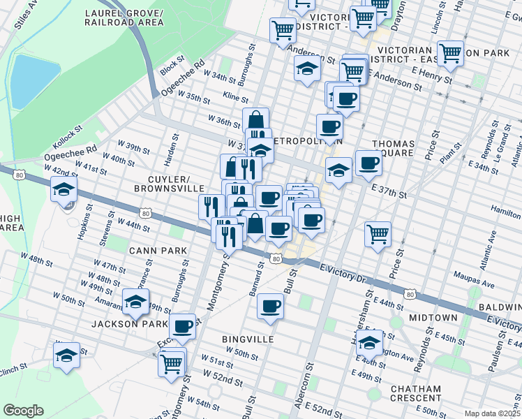 map of restaurants, bars, coffee shops, grocery stores, and more near 316 West 41st Street in Savannah