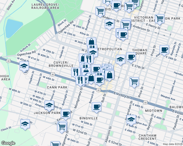 map of restaurants, bars, coffee shops, grocery stores, and more near 316 West 41st Street in Savannah