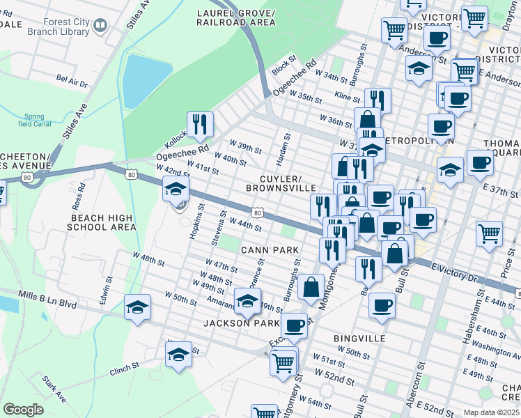 map of restaurants, bars, coffee shops, grocery stores, and more near 712 West Victory Drive in Savannah