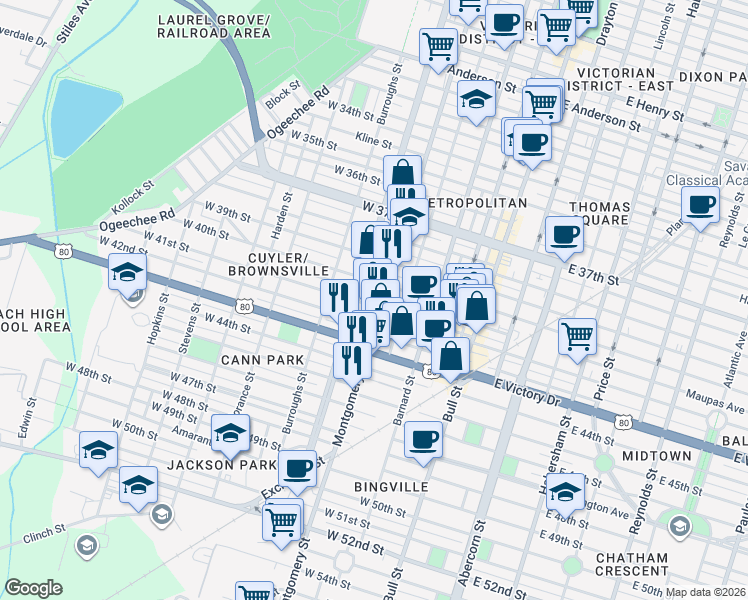 map of restaurants, bars, coffee shops, grocery stores, and more near 408 West 41st Street in Savannah
