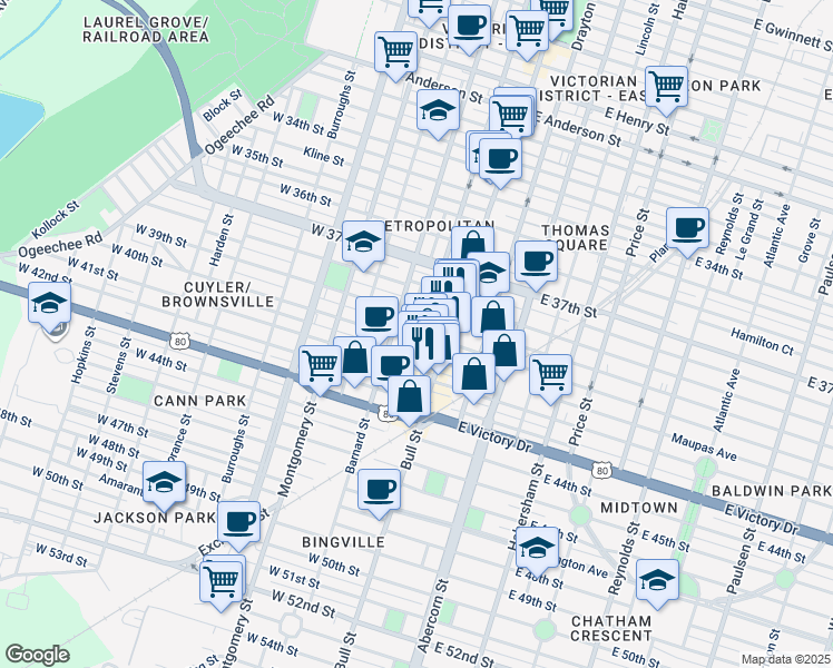 map of restaurants, bars, coffee shops, grocery stores, and more near 18 West 40th Street in Savannah