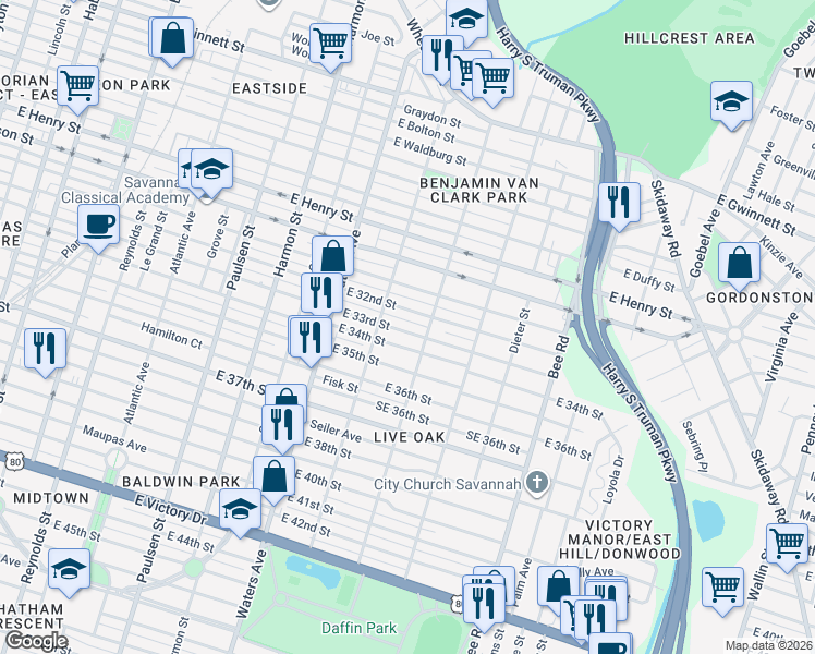 map of restaurants, bars, coffee shops, grocery stores, and more near 1225 East 33rd Street in Savannah