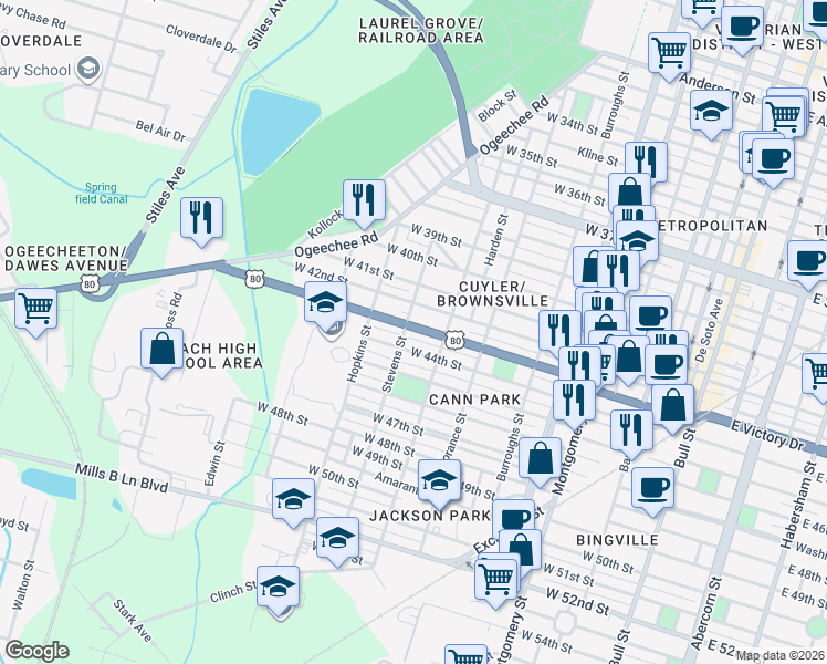 map of restaurants, bars, coffee shops, grocery stores, and more near 913 1/2 West Victory Drive in Savannah