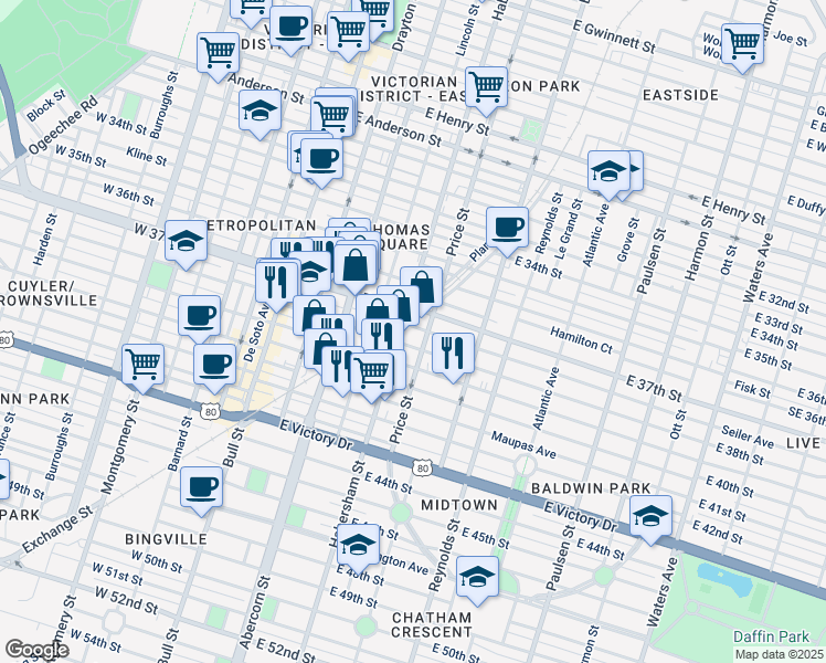 map of restaurants, bars, coffee shops, grocery stores, and more near 409 Seiler Avenue in Savannah