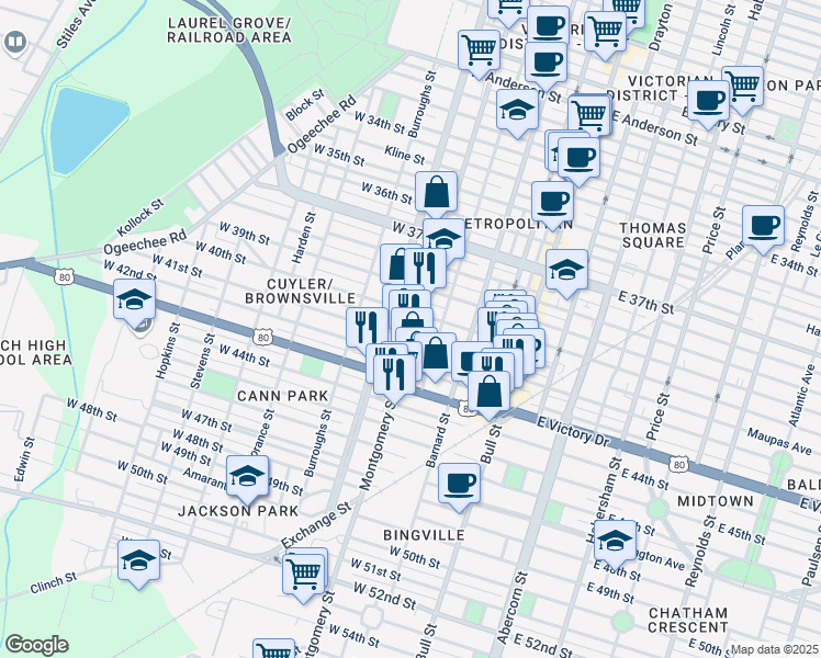 map of restaurants, bars, coffee shops, grocery stores, and more near 316 West 41st Street in Savannah