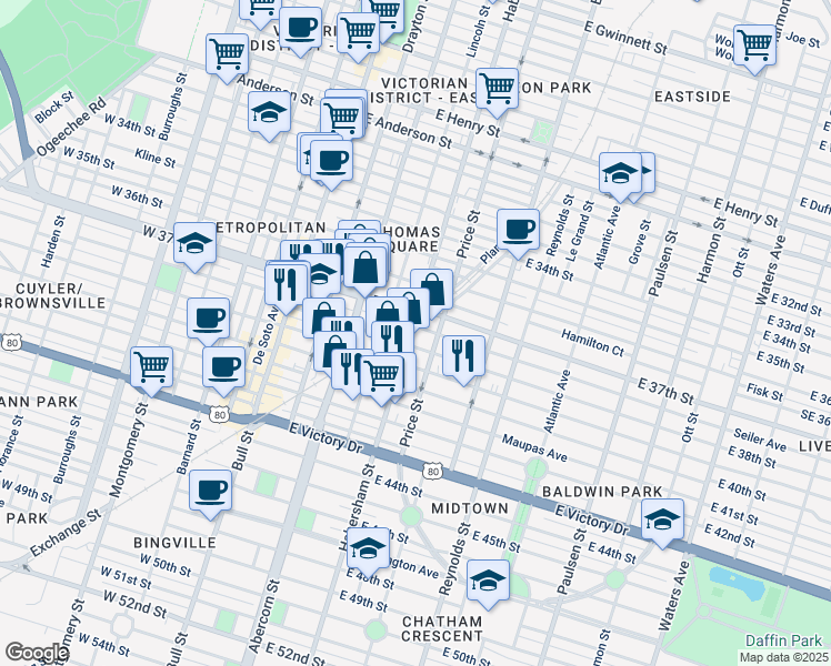 map of restaurants, bars, coffee shops, grocery stores, and more near 402 East 38th Street in Savannah