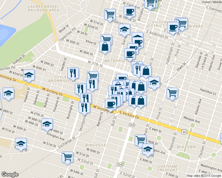 map of restaurants, bars, coffee shops, grocery stores, and more near 203 West 40th Street in Savannah