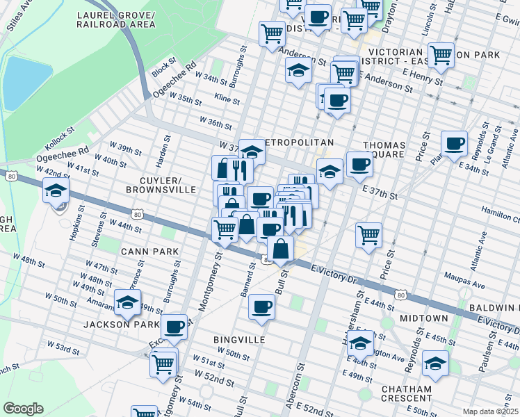 map of restaurants, bars, coffee shops, grocery stores, and more near 203 West 40th Street in Savannah