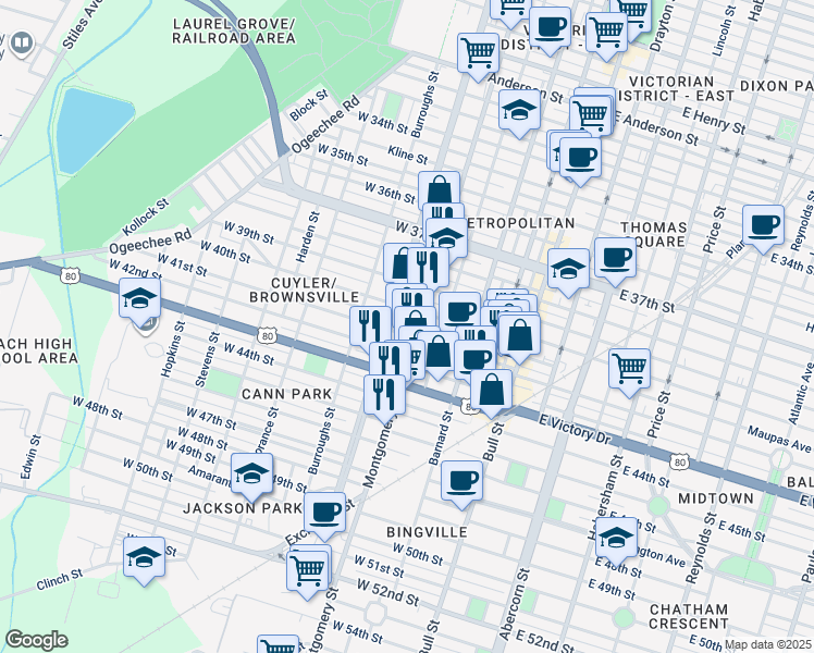 map of restaurants, bars, coffee shops, grocery stores, and more near 419 West 41st Street in Savannah