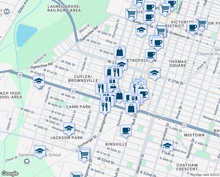 map of restaurants, bars, coffee shops, grocery stores, and more near 419 West 41st Street in Savannah