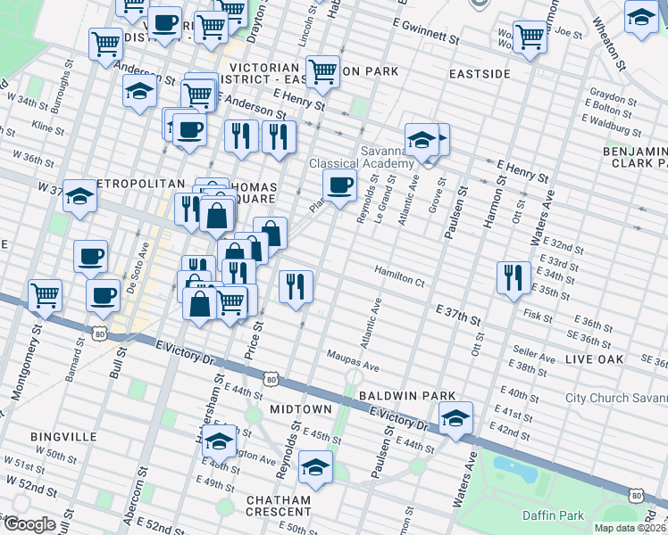 map of restaurants, bars, coffee shops, grocery stores, and more near 625 East 37th Street in Savannah