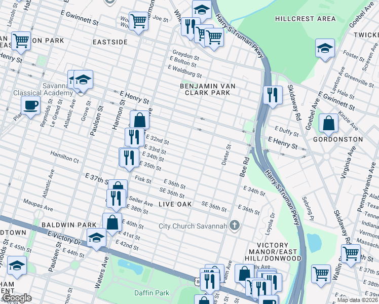 map of restaurants, bars, coffee shops, grocery stores, and more near 1316 East 33rd Street in Savannah