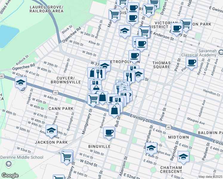 map of restaurants, bars, coffee shops, grocery stores, and more near 203 West 40th Street in Savannah