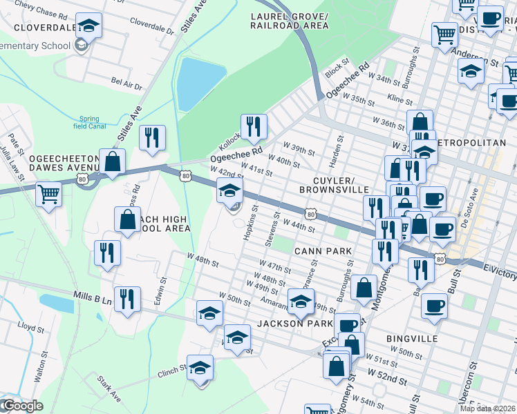 map of restaurants, bars, coffee shops, grocery stores, and more near 1010 West 44th Street in Savannah