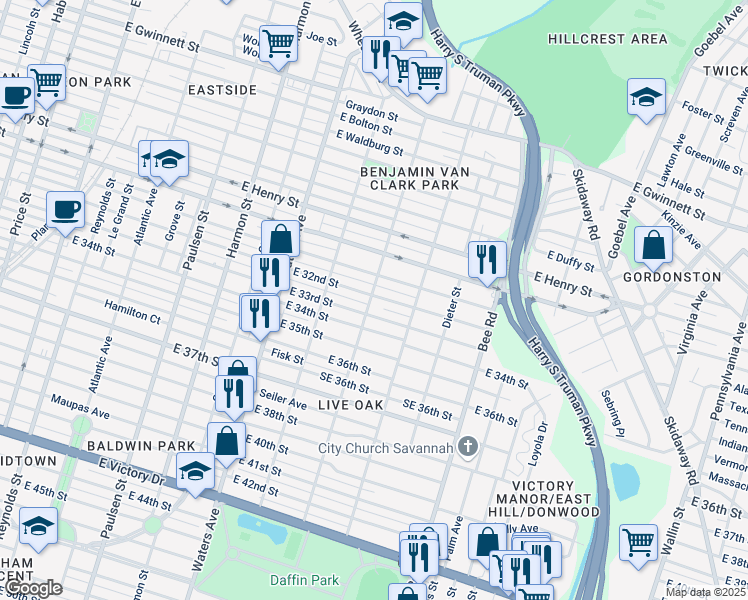 map of restaurants, bars, coffee shops, grocery stores, and more near 1316 East 33rd Street in Savannah