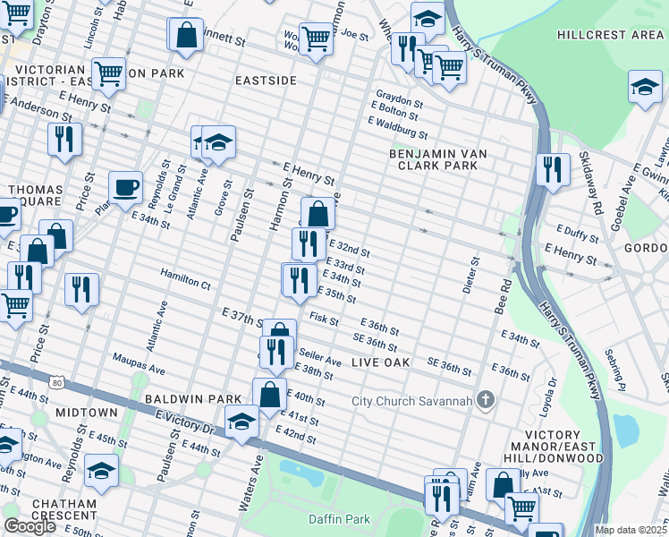 map of restaurants, bars, coffee shops, grocery stores, and more near 1810 Waters Avenue in Savannah